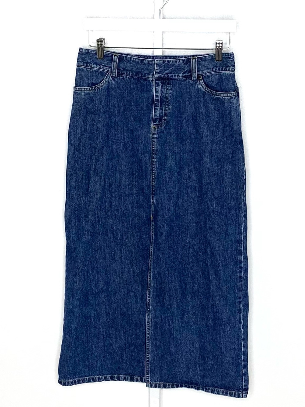 Kate Hill | 90s Y2K VINTAGE Dark-Wash Denim Front-Slit Midi Maxi Skirt w/Pockets